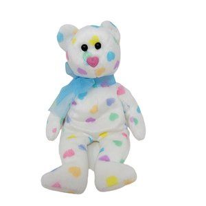 Ty Kissme 9" Plush Bear Stuffed Animal Toy White Hearts Beanbag Valentine's